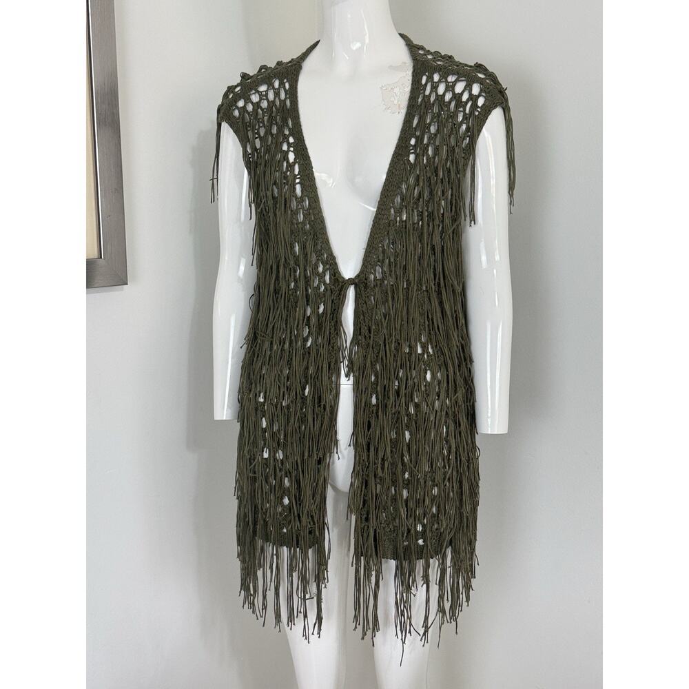 Paparazzi Crochet Sleeveless Fringe Vest Open Boho Hippie Festival Green S/M